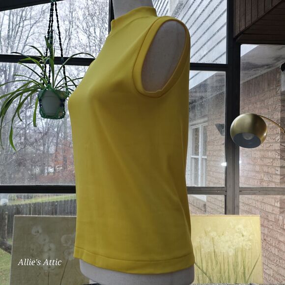 2 Sleeveless 70s Turtleneck Tops Shirt Zip Polyester Yellow Green Donnkenny S/M - Picture 4 of 12